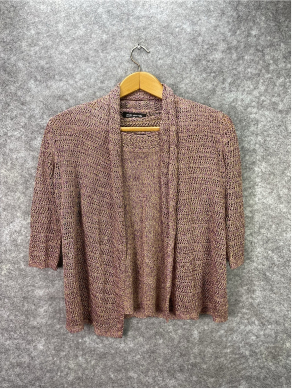 Jones New York Cardigan Sweater Womens Petite PM Purple Open Knit Twin Set